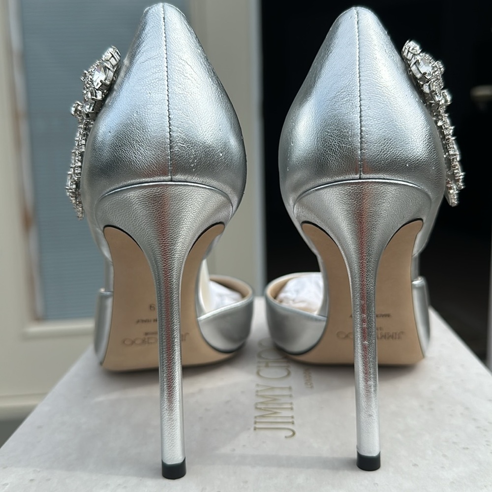 Jimmy Choo Silver Leather Teja Embellished Heels - Picture 9 of 12